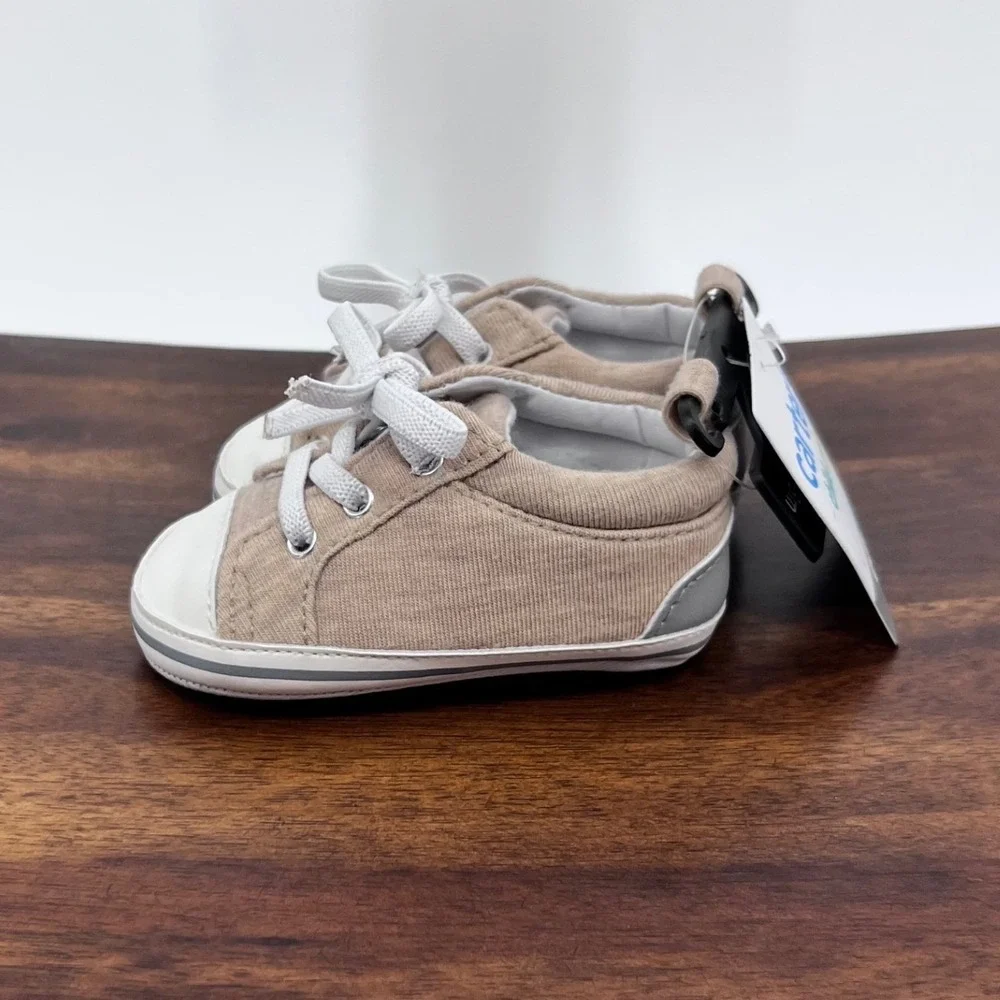 Carter's Child of Mine Crib Shoes Baby Boy 0-3m Tan Lace Up Soft Sole Sneakers